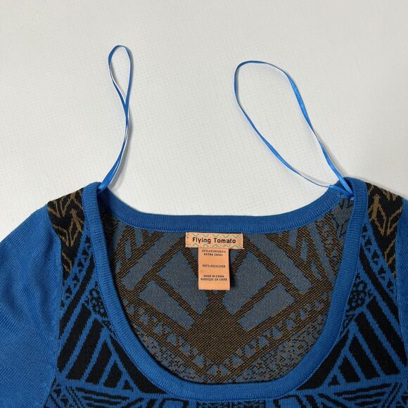 Flying Tomato Size XS Blue Multi Aztec Fit And Flare Asymmetrical Sweater Dress - Picture 3 of 7